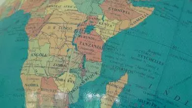 Close up of old globe map focusing on sub-Saharan Africa