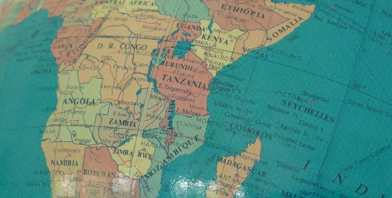 Close up of old globe map focusing on sub-Saharan Africa